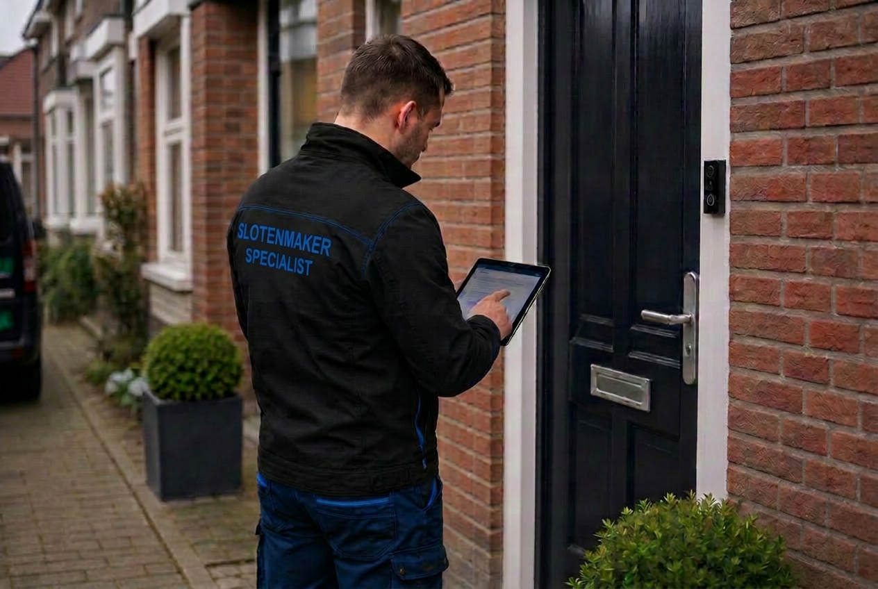 Slotenmaker specialist noteert klantgegevens op tablet bij voordeur