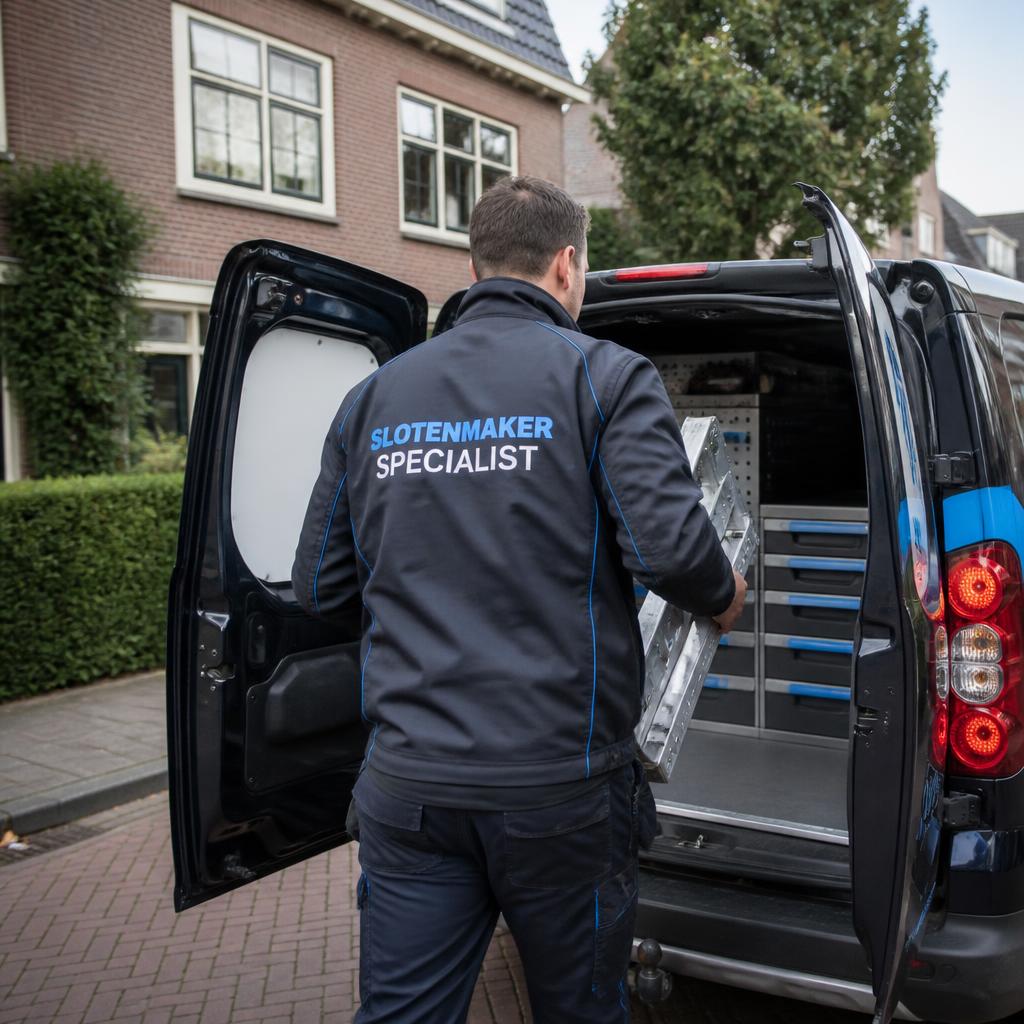 Slotenmaker specialist met materiaal uit bedrijfsbus in Arnhem